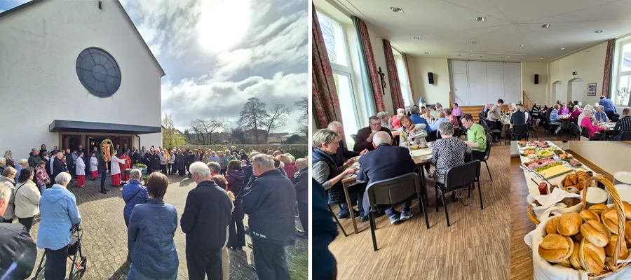 Bildkollage mit Personengruppen beim Frühstück und beim Gottesdienst