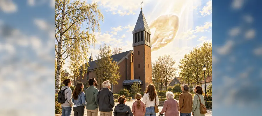 KI-Plakat mit St. Lukas-Thaddäus-Kirche und versammelten Menschen